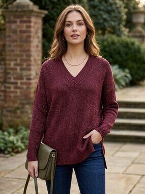 Hilary Radley Burgundy Metallic Knit V-Neck Sweater - Size Medium